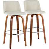 Toriano 30" Swivel Bar Stool in Walnut Wood & Cream Fabric with Chrome Footrest (Set of 2)